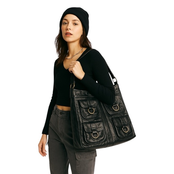 Y2K Vintage Candies Black Faux Leather Shoulder Bag Multi Pocket Utility Tote - Picture 1 of 4